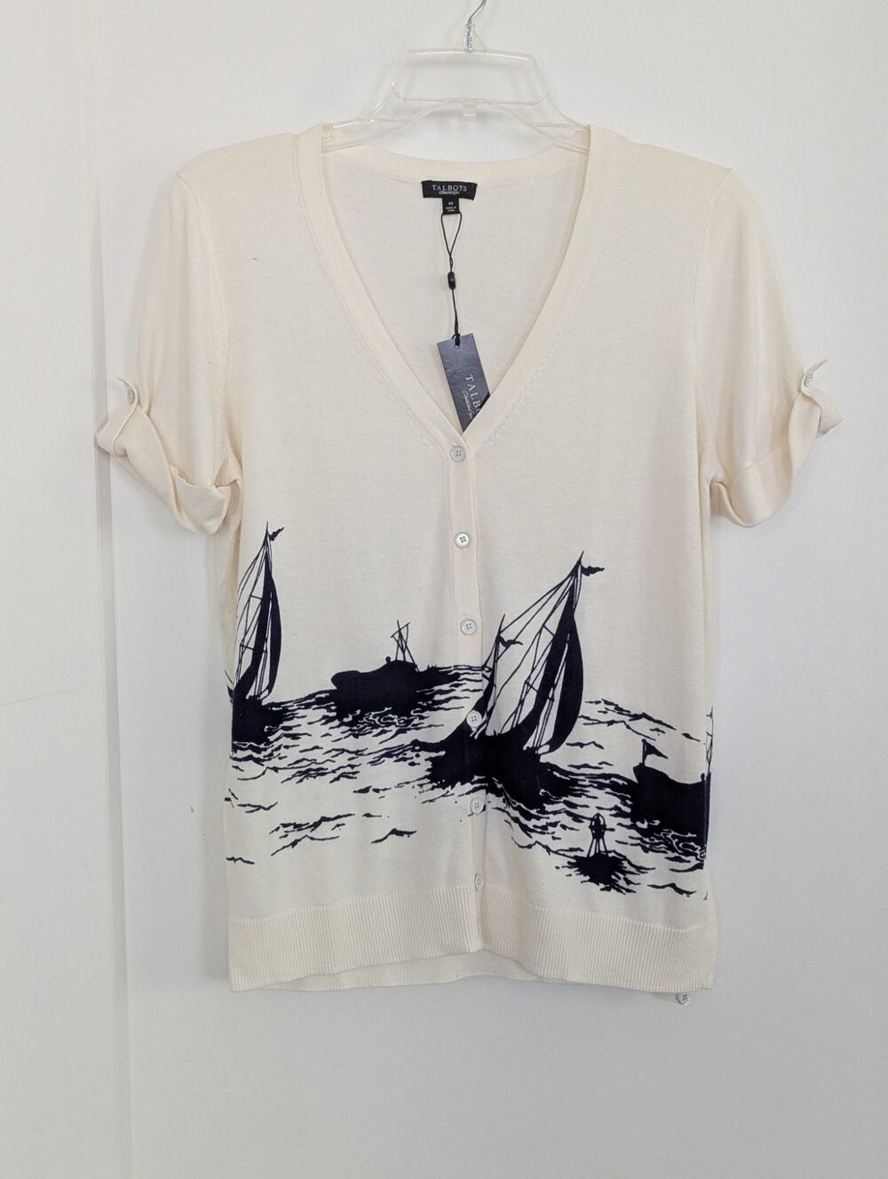 NWT Talbots M Cardigan Sweater Sailboat Nautical Short Sleeve Cream Navy